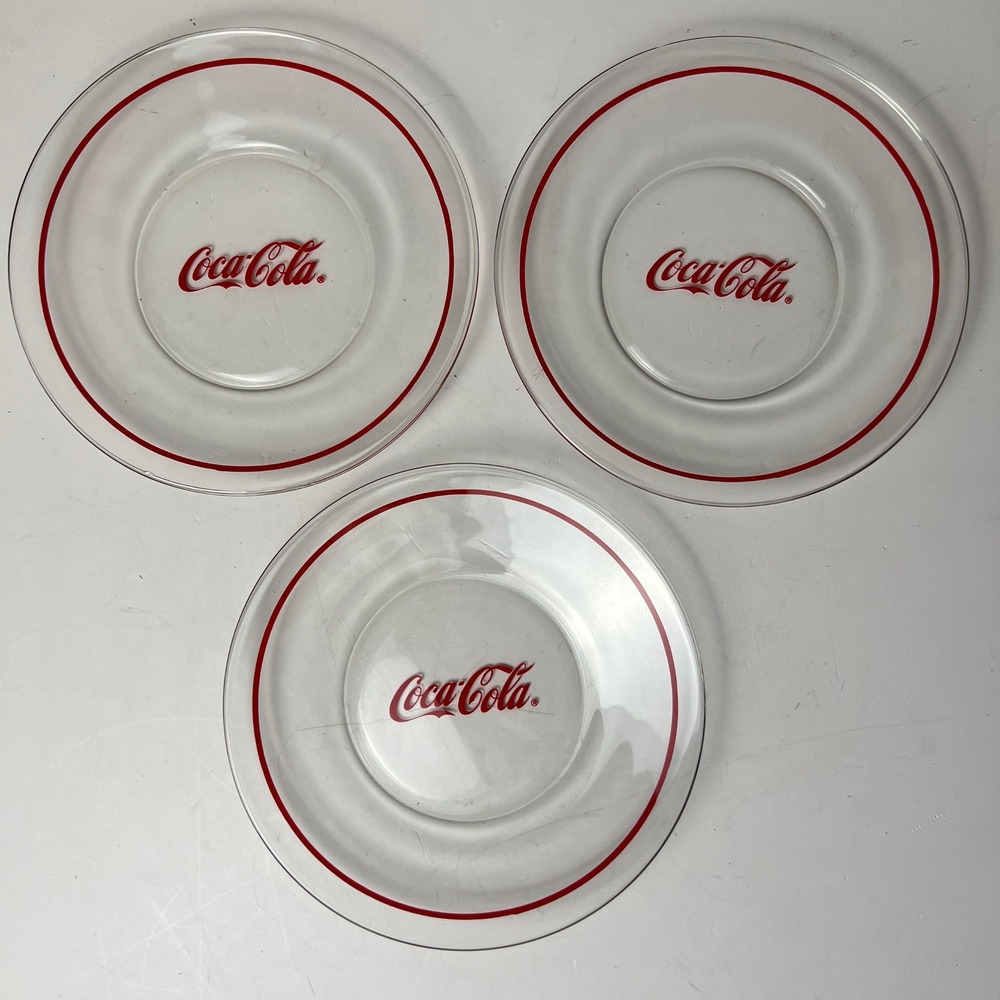 Vintage Coca-Cola Glass Salad Plates Unisex 7.5" Clear Red Logo Soda Decor Set 3